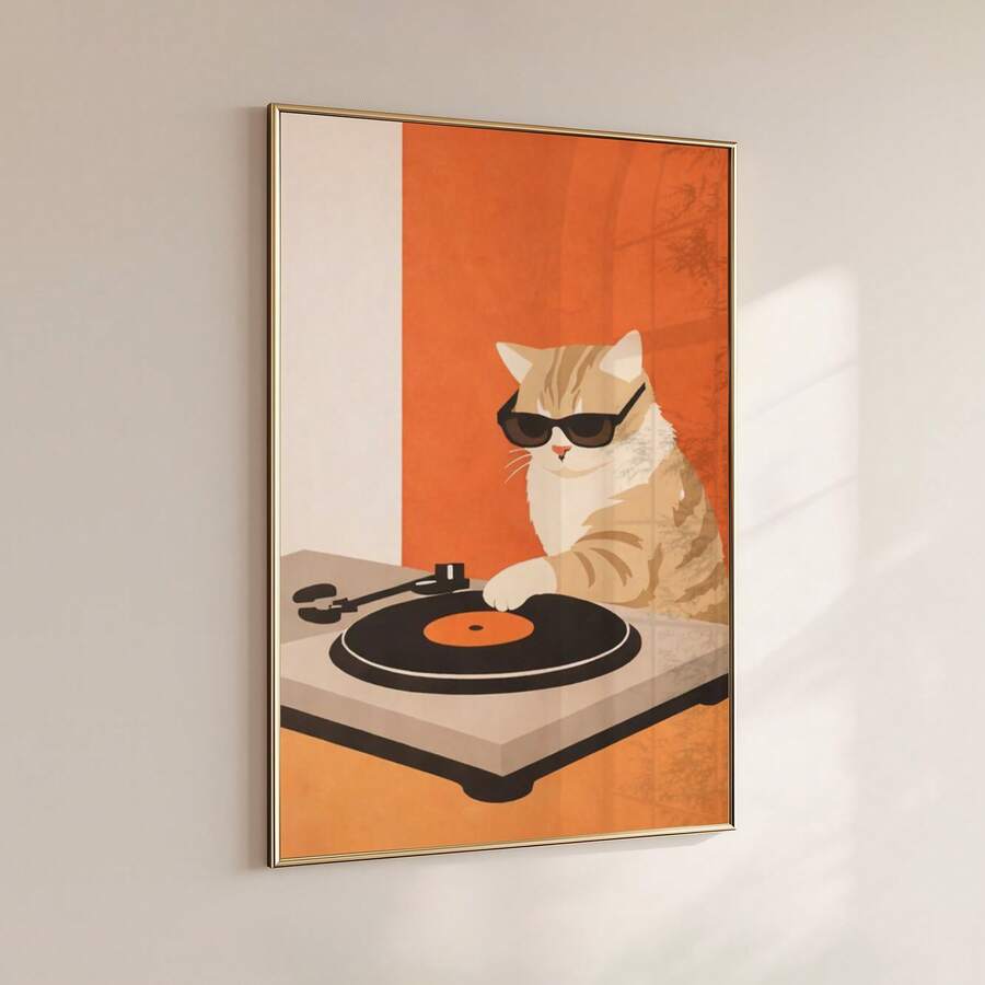 Orange cat DJ poster in slim frame mounted on white wall