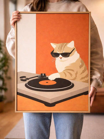 Framed orange cat DJ wall art showing cat in sunglasses at turntable