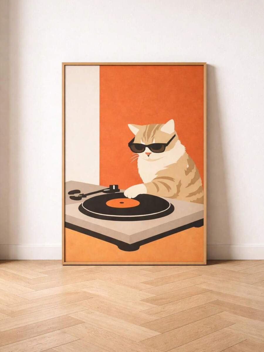 Framed cat with sunglasses turntable poster leaning on wood floor