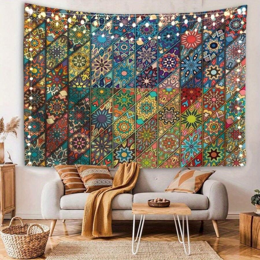 Vibrant geometric floral mandala tapestry with teal red orange and yellow mosaic panels