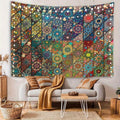 Vibrant geometric floral mandala tapestry with teal red orange and yellow mosaic panels