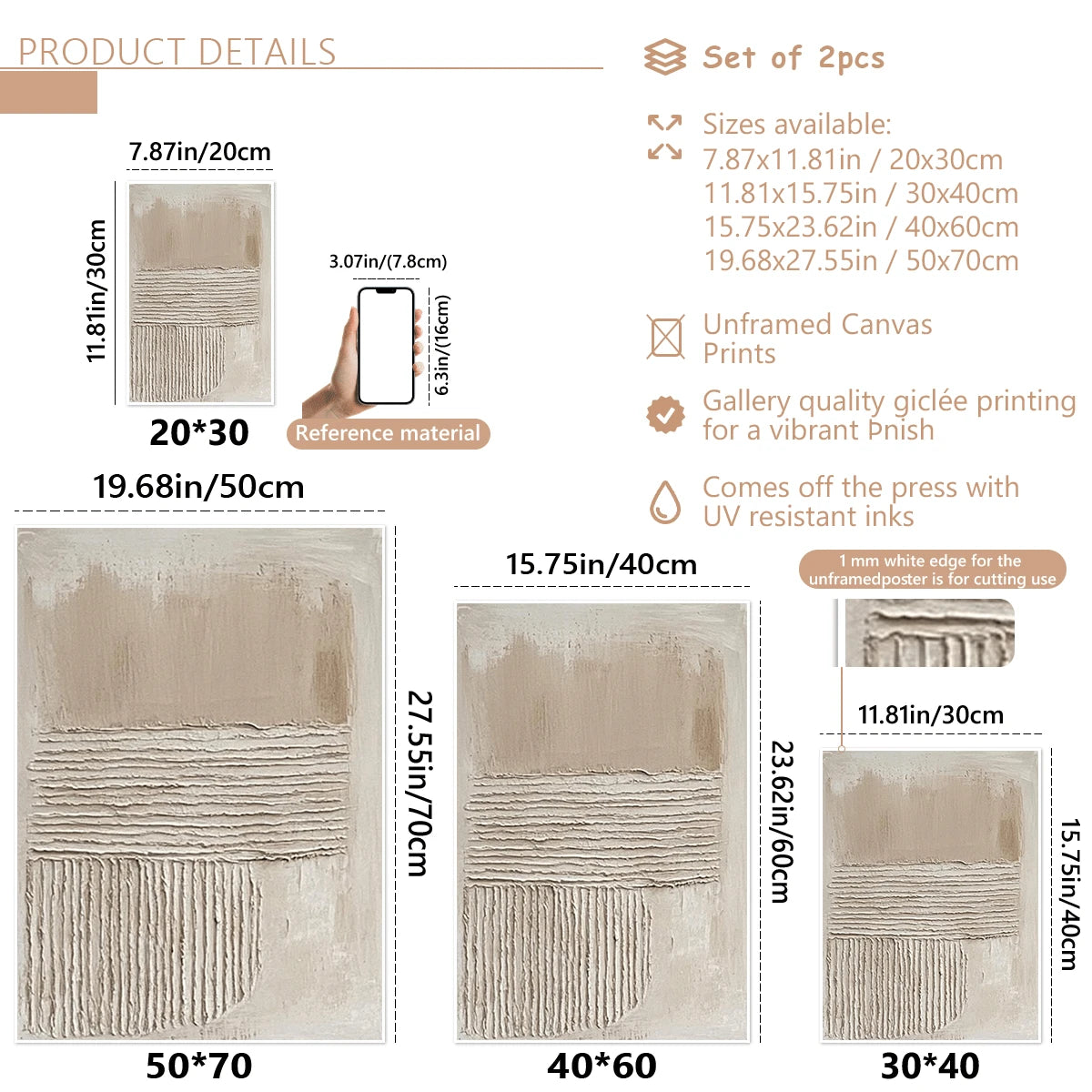 Two-piece abstract canvas size guide showing dimensions and unframed option