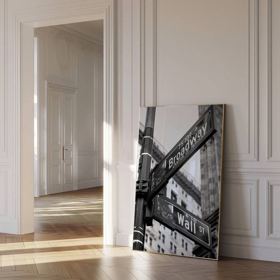 Broadway and Wall Street sign canvas in elegant paneled room