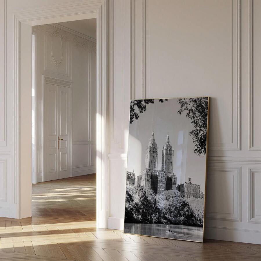 New York twin towers and park lake canvas in paneled room