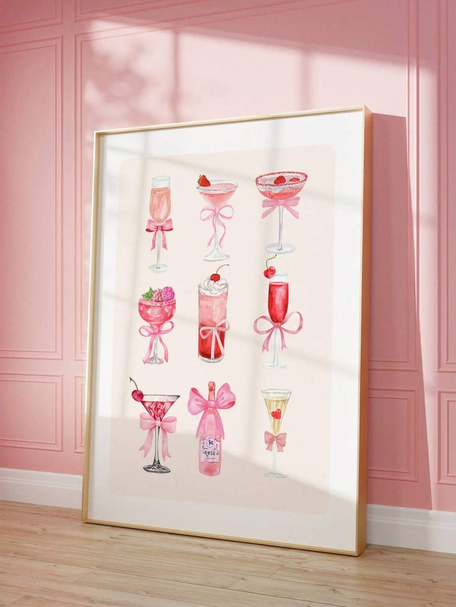 Pink Cute Bow & Cherry Pattern Girly Style Canvas Poster Set