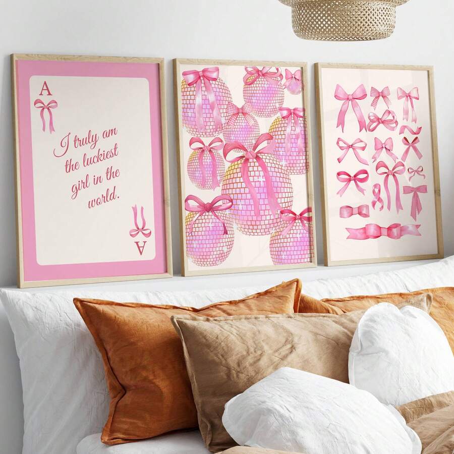 Pink Cute Bow & Cherry Pattern Girly Style Canvas Poster Set