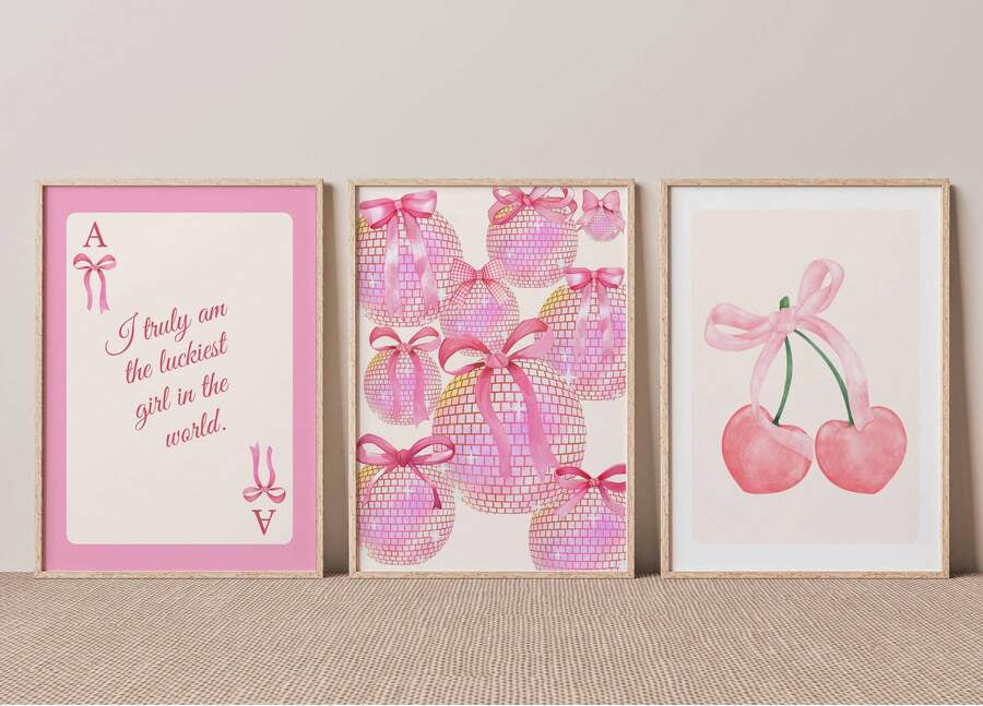 Pink Cute Bow & Cherry Pattern Girly Style Canvas Poster Set