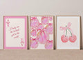 Pink Cute Bow & Cherry Pattern Girly Style Canvas Poster Set 