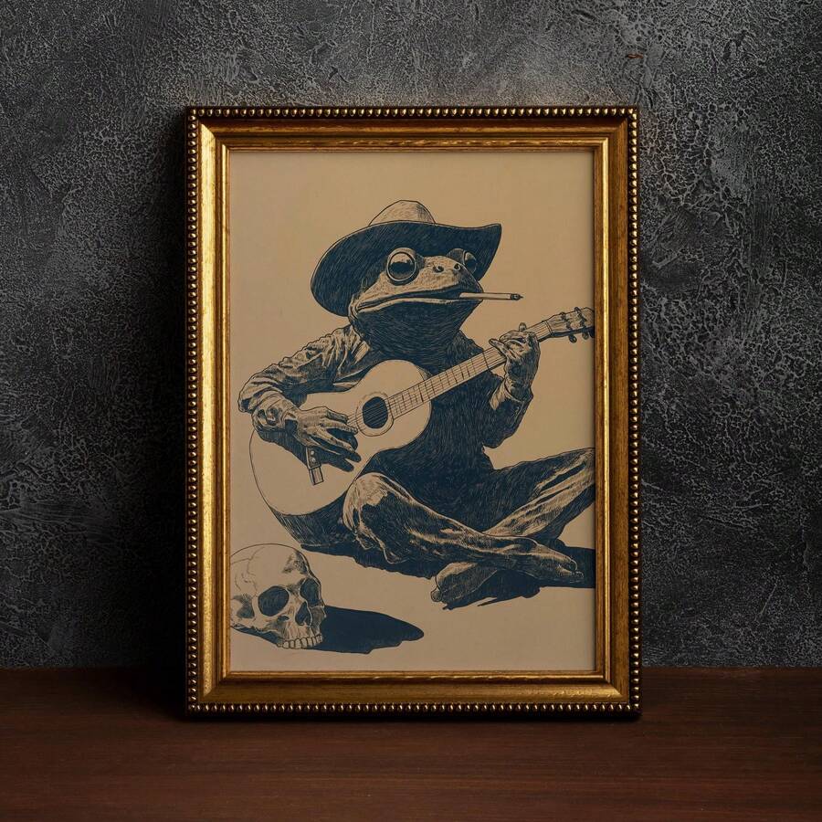 Cowboy frog playing guitar canvas print with skull in wooden frame room mockup