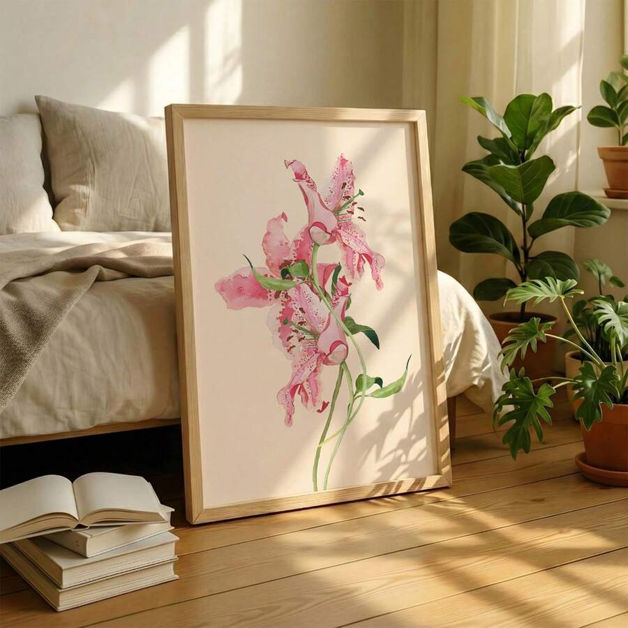 Pink lily wall art framed on wicker cabinet with pastel flowers sunlight and plant styling