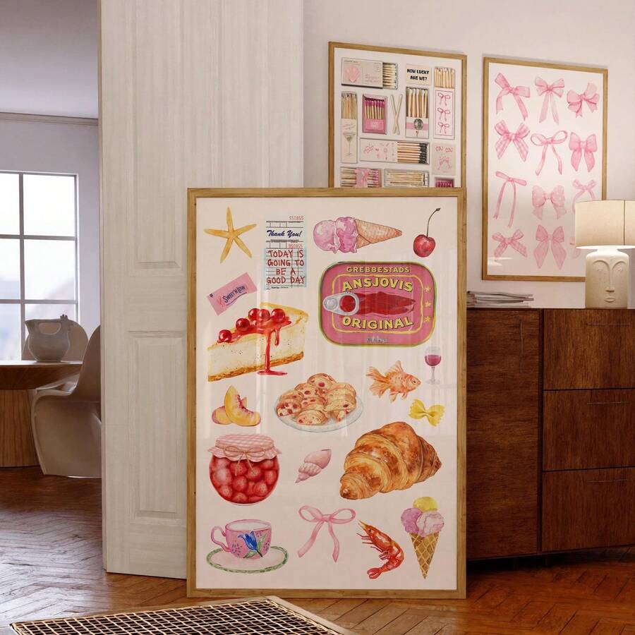French pastry art framed print with croissant jam cake seafood motifs and soft pink wall