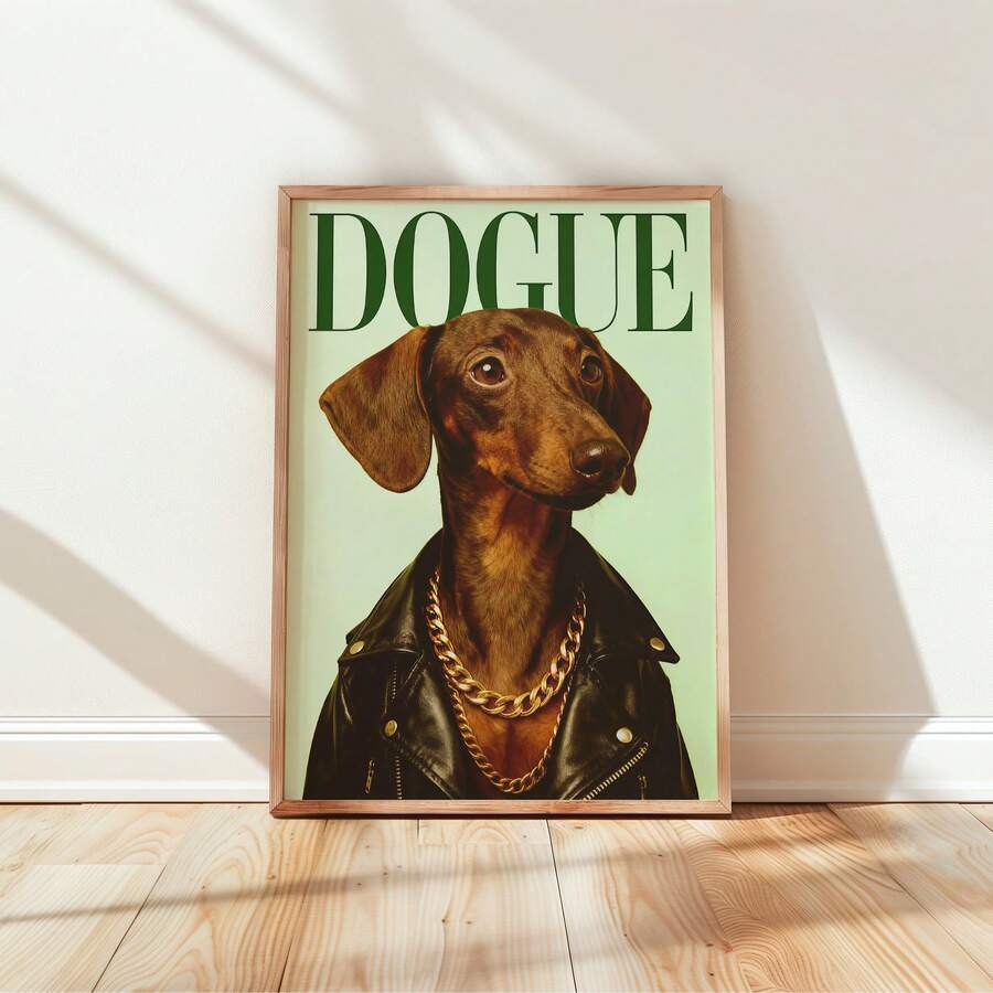 Dachshund wall art DOGUE poster with leather jacket gold chain and green background