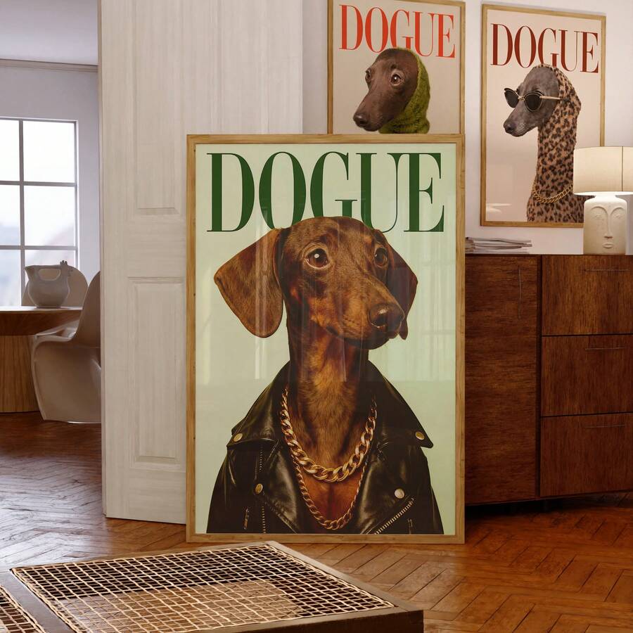 Dachshund wall art DOGUE poster with leather jacket gold chain and green background