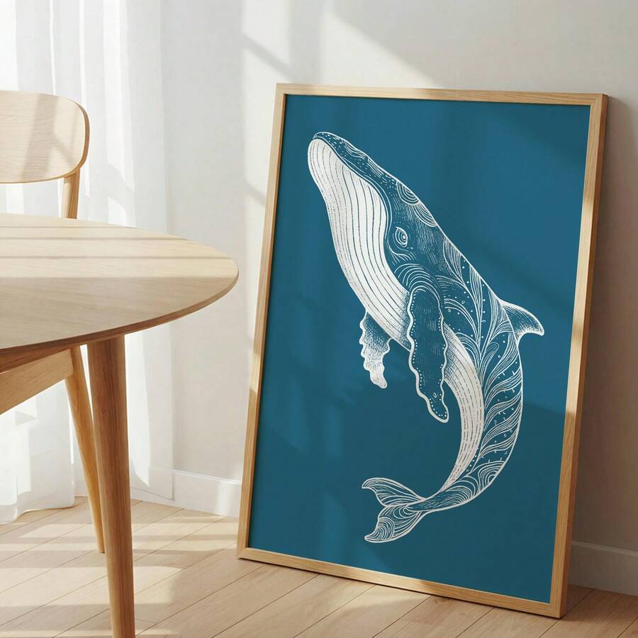 Framed teal blue poster with white line art whale illustration and calm coastal mood