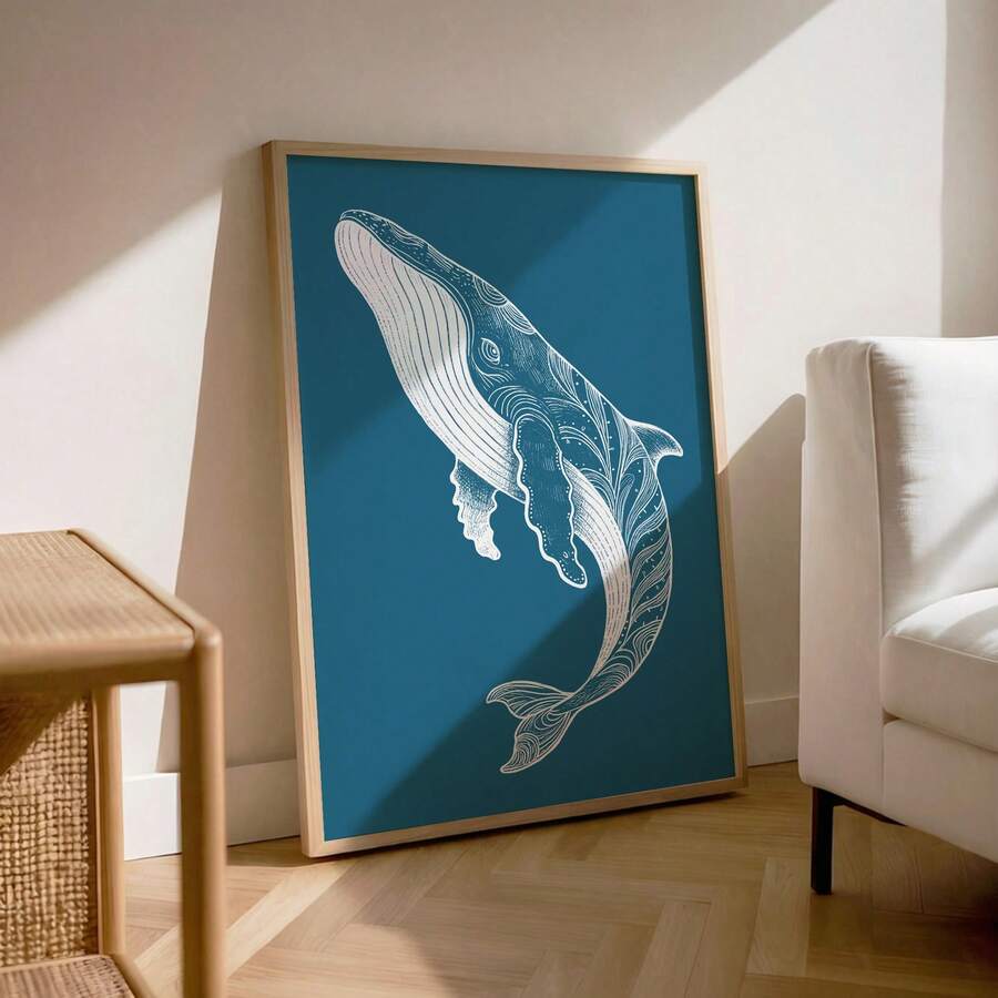 Framed teal blue poster with white line art whale illustration and calm coastal mood