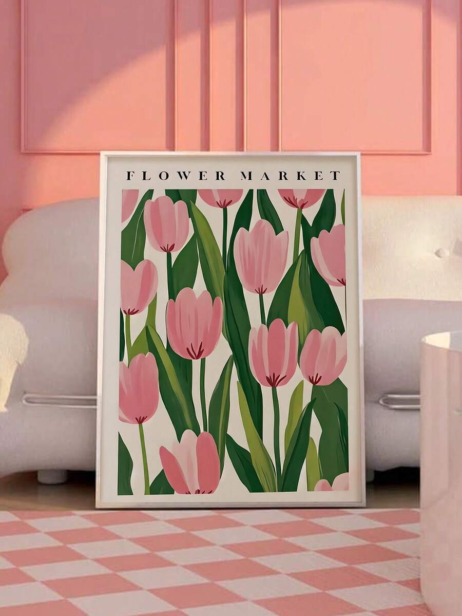 Pink tulip Flower Market poster in a white frame beside a sofa