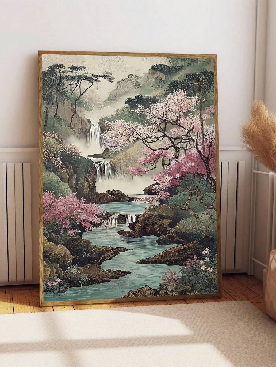 Japanese landscape canvas print with mountain waterfall