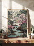 Japandi wall decor with teal stream and blossoms