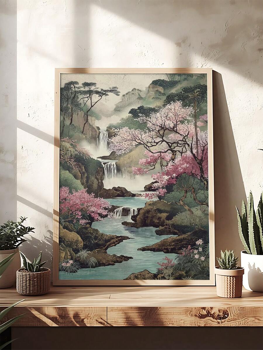 Japandi wall decor with teal stream and blossoms