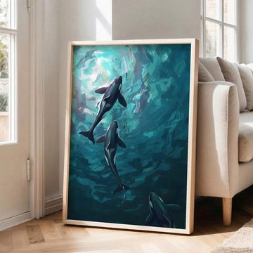 Framed orca wall art near sofa with teal underwater whale scene