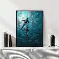 Whale wall art with black and white orcas and moody coastal marine scene