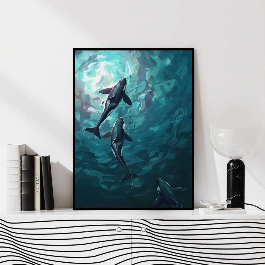 Modern framed orca print on white console with black frame