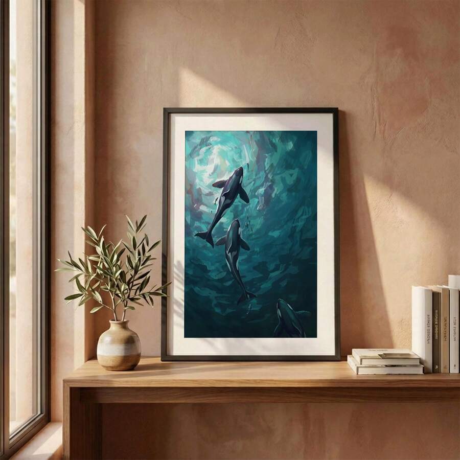 Matted orca underwater artwork on wooden shelf against warm wall