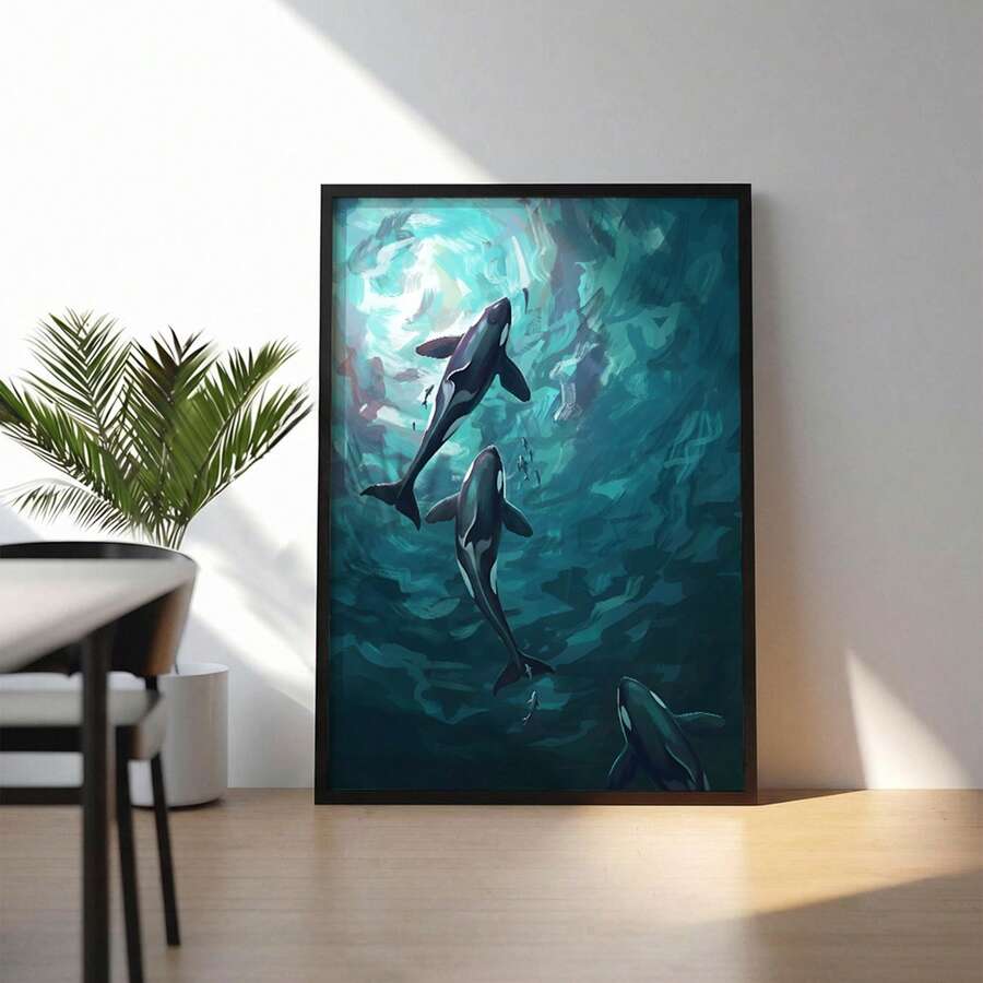 Hanging poster option showing semi abstract killer whale ocean artwork