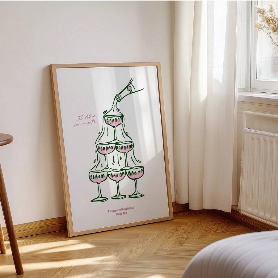 Minimalist coupe glass poster with pink and green details