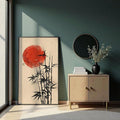 Minimal Japanese bamboo wall art leaning in warm sunlit room