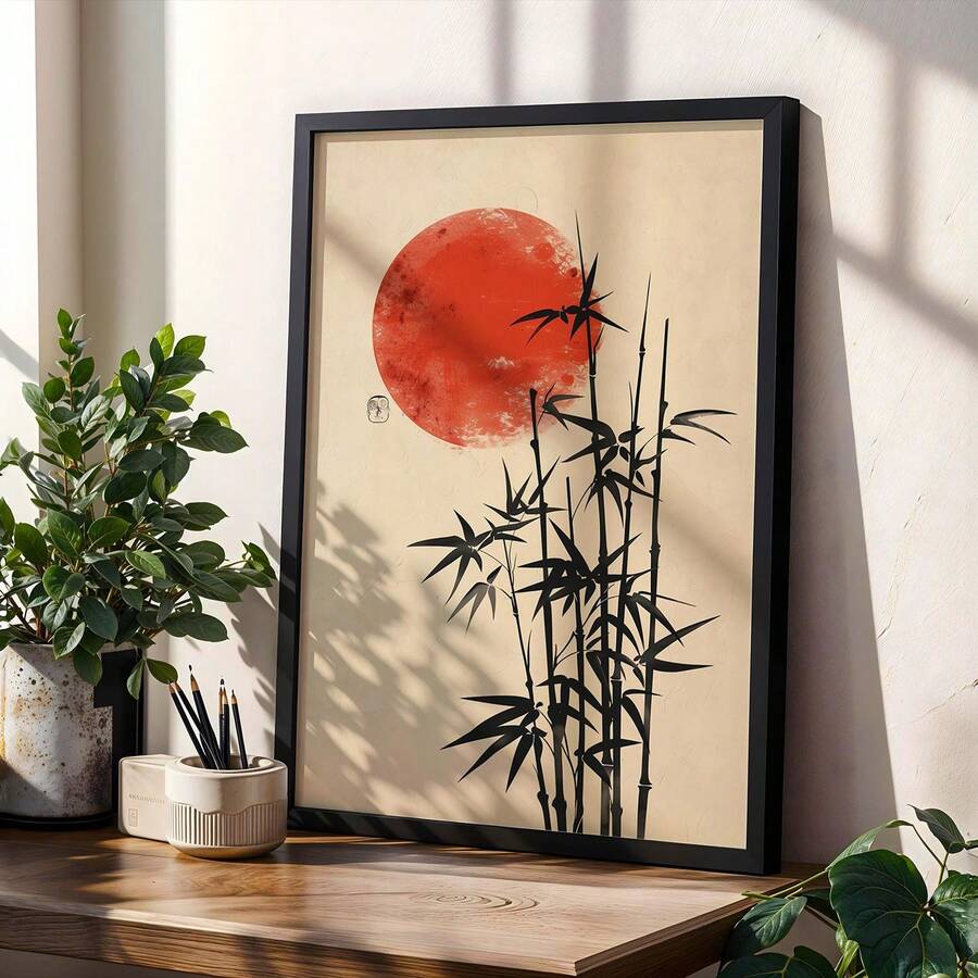 Framed bamboo and red sun poster with wood furniture and neutral decor
