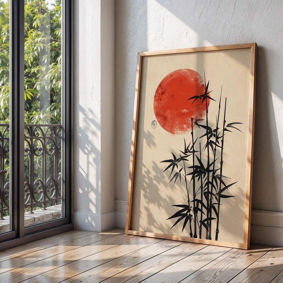 Japanese inspired minimalist canvas with black bamboo stems and orange red sun