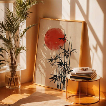 Japandi bamboo canvas print with black bamboo silhouette and red sun