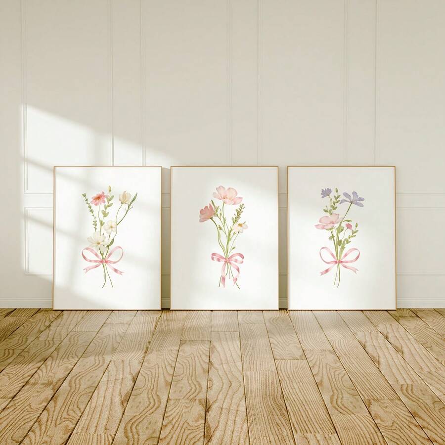 Pink ribbon bouquet canvas with soft watercolor flowers and blush ribbon