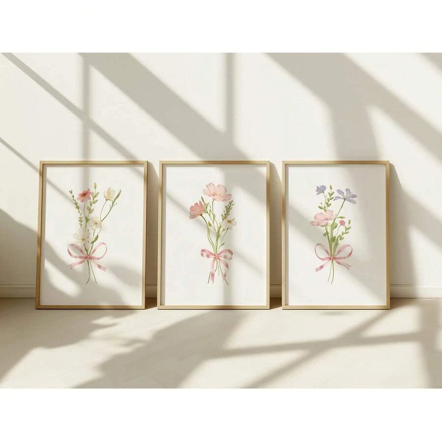 Pink ribbon bouquet canvas with soft watercolor flowers and blush ribbon