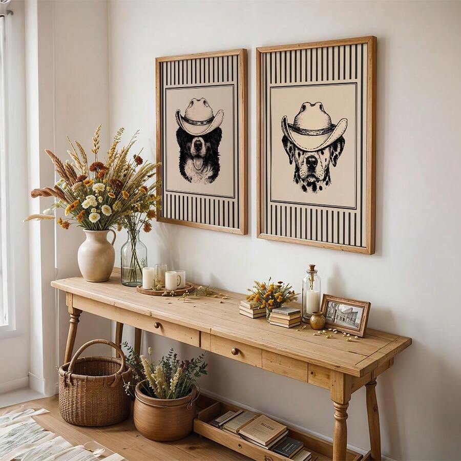 Rustic entryway with matching dog cowboy hat wall art above console