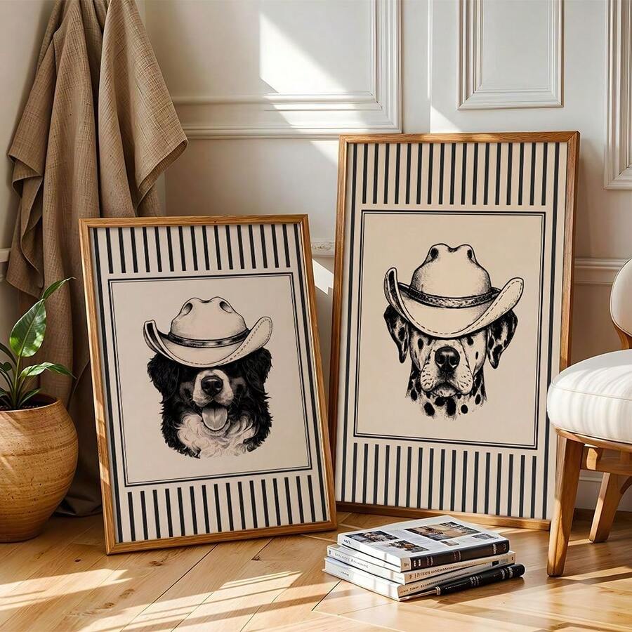 Cowboy dog framed print set beside chair and stacked books