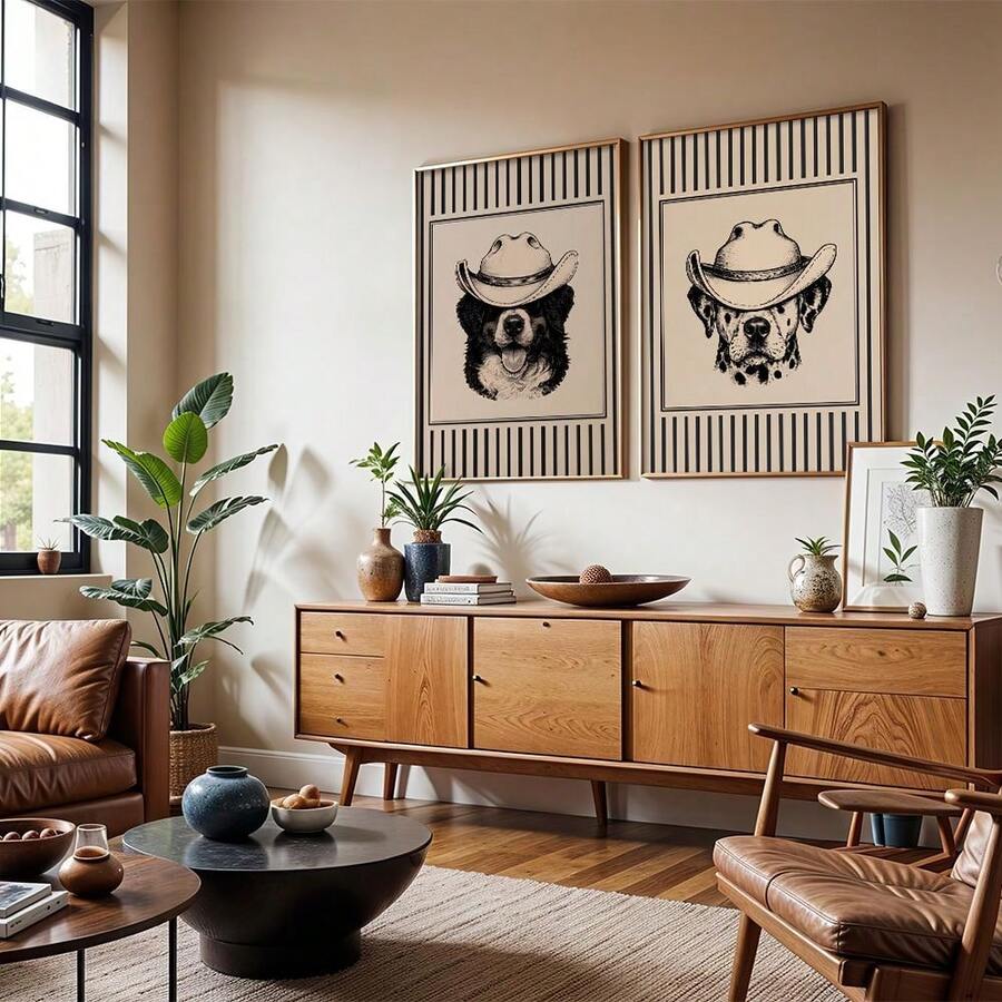 Two framed cowboy dog prints above mid century wood sideboard