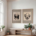 Pair of framed western dog portrait prints above bench with plants