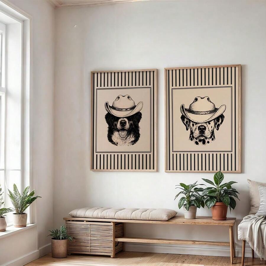 Pair of framed western dog portrait prints above bench with plants