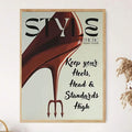 Red high heel fashion magazine poster in light wood frame with bold STYLE heading