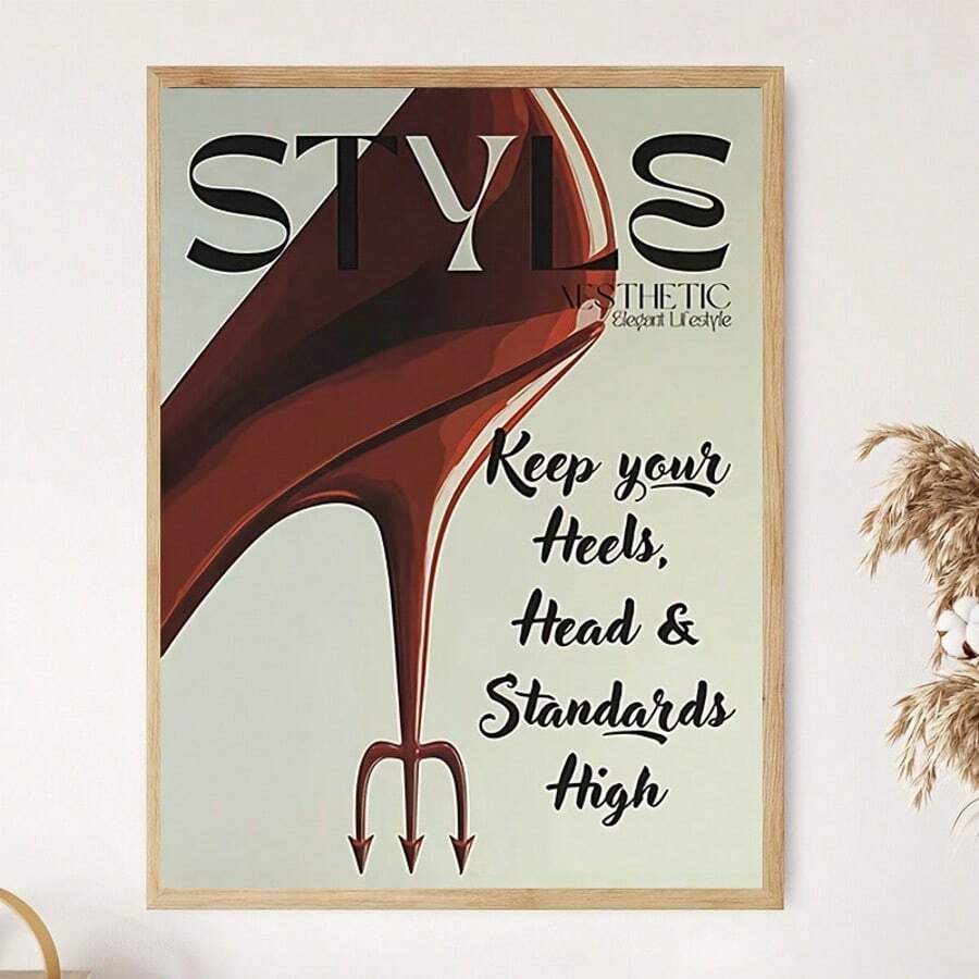 Red high heel fashion magazine poster in light wood frame with bold STYLE heading
