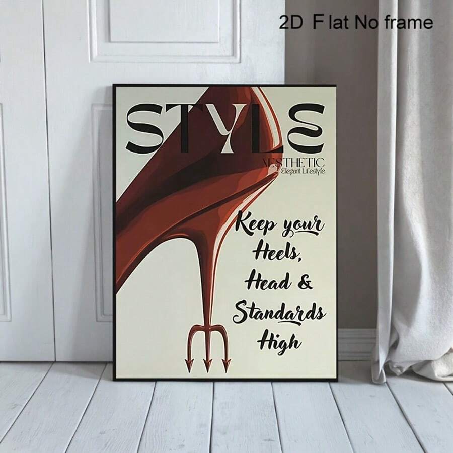 Red stiletto STYLE poster in thin black frame leaning against white paneled wall