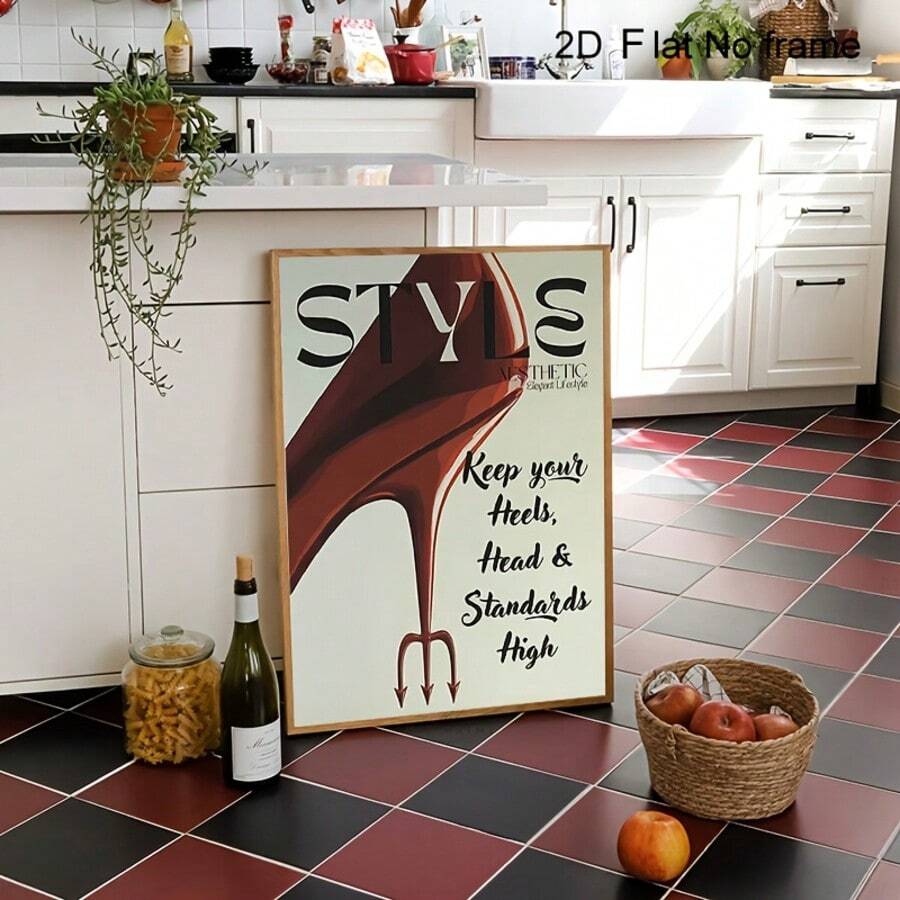 Red high heel fashion poster leaning in kitchen with wood frame apples wine bottle and jar
