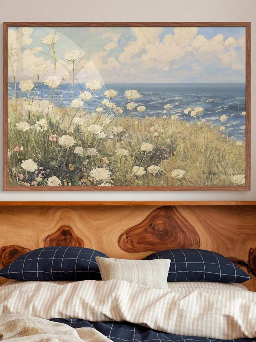 room mockup view of Coastal meadow canvas wall art showing white wildflowers, ocean horizon, blue sky, soft clouds and airy impressionist cottage colors.