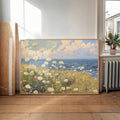 canvas option view of Coastal meadow canvas wall art showing white wildflowers, ocean horizon, blue sky, soft clouds and airy impressionist cottage colors.