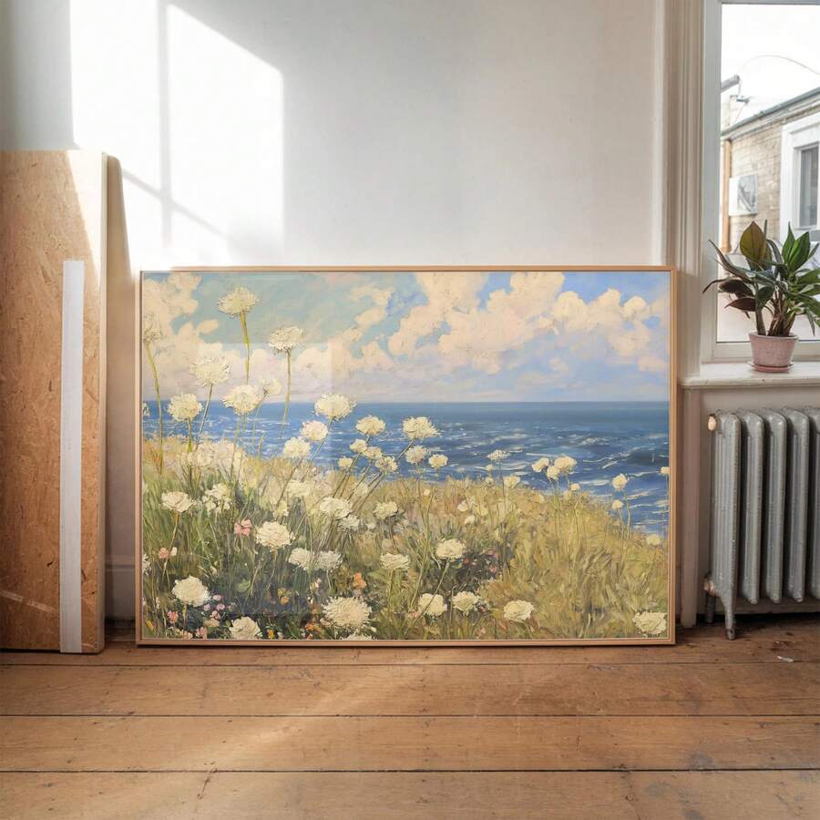 canvas option view of Coastal meadow canvas wall art showing white wildflowers, ocean horizon, blue sky, soft clouds and airy impressionist cottage colors.