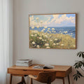 size or layout view of Coastal meadow canvas wall art showing white wildflowers, ocean horizon, blue sky, soft clouds and airy impressionist cottage colors.