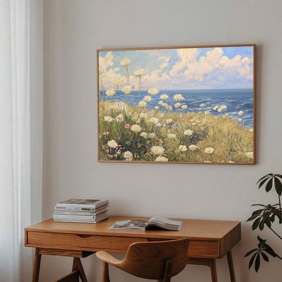 size or layout view of Coastal meadow canvas wall art showing white wildflowers, ocean horizon, blue sky, soft clouds and airy impressionist cottage colors.