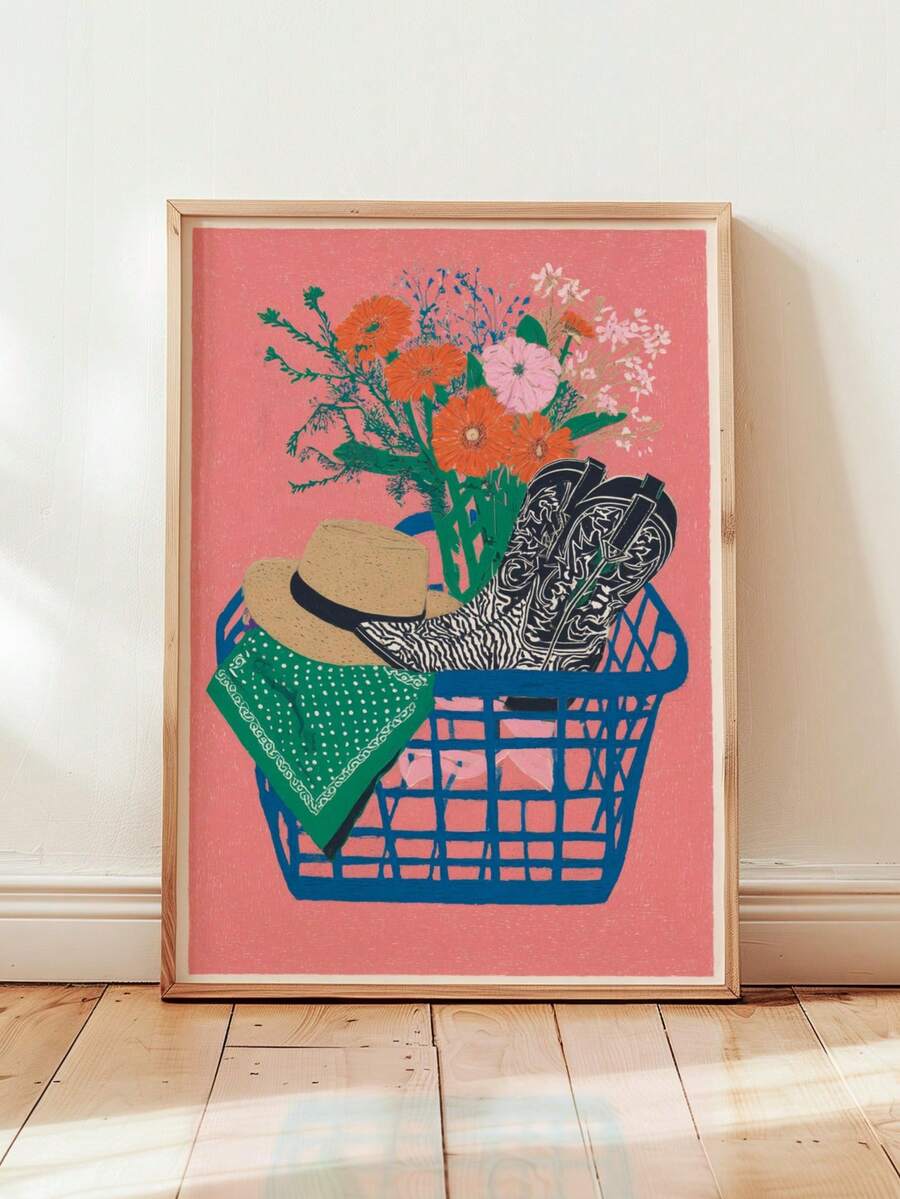Pink western poster with cowboy boots straw hat green bandana and wildflowers in blue basket